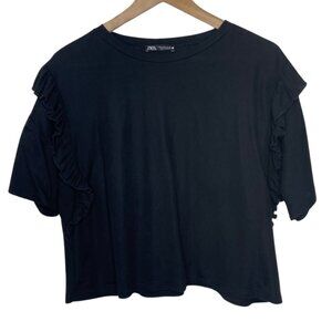 ZARA | Boxy Black Ruffle Flutter Sleeve Top | Size S
